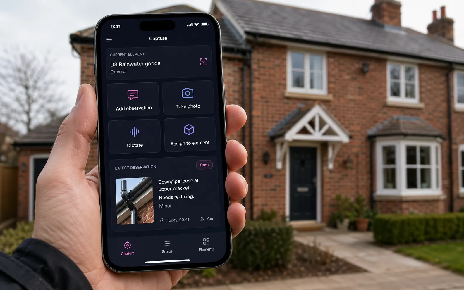 Phone showing the snagging capture interface in front of a new-build property — current location Kitchen, large-tap actions: Add snag, Take photo, Set urgency, Move to next location; latest snag card reading 'Scratched worktop edge near sink — Medium urgency, 2 photos attached'